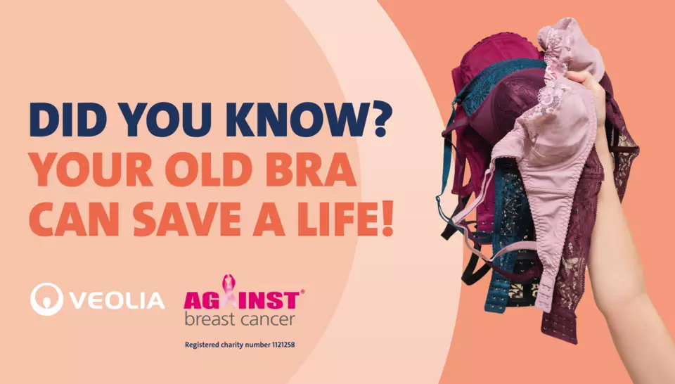 A hand holds up a bunch of bras alongside text that says 'Did you Know? Your old bra can save a life!"