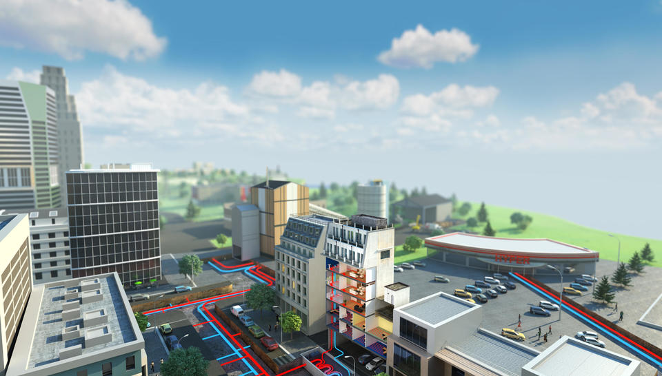 The image shows an illustration of a street, with red and blue lines representing a district heating and cooling network.