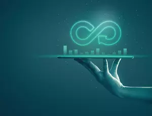 animated blue hand holding a animated symbol 
