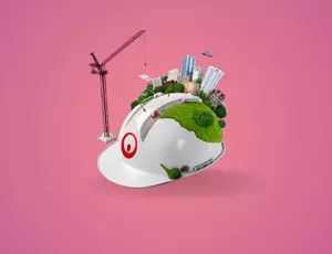 graphic of a helmet with a village on 
