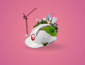 graphic of a helmet with a village on 
