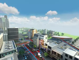 The image shows an illustration of a street, with red and blue lines representing a district heating and cooling network.