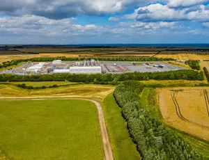 Drone image of the SSE Aldbrough Gas Storage facility, surrounded by yellow and green fields.