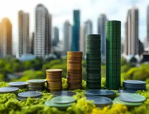An AI generate image of stacks of coins made to reflect the cityscape in the background.