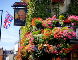 Fullers Pub with flowers out front
