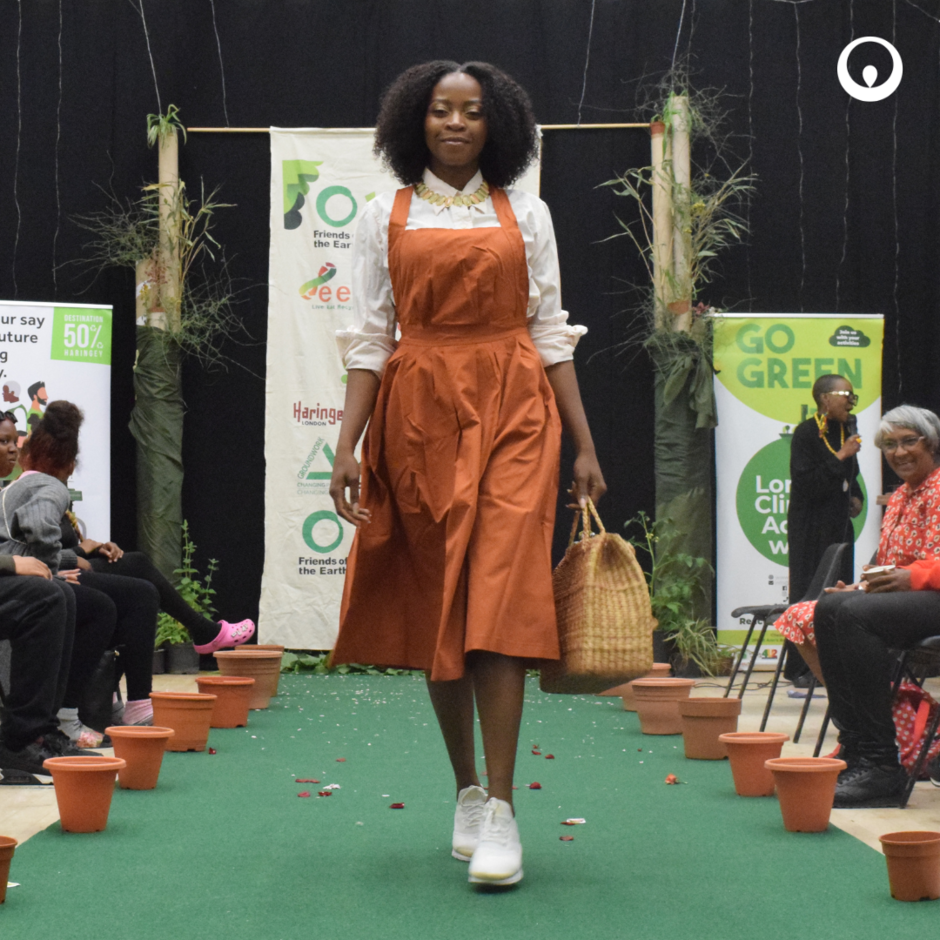 A model walks down a catwalk.