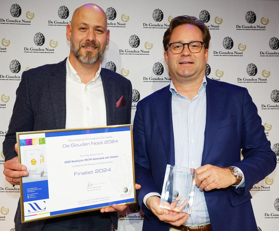 The JOZO team hold up their finalist certificate at the De Gouden Noot 2024 awards.