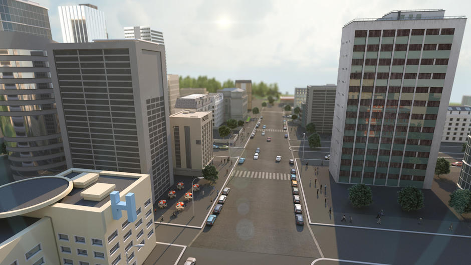 The image shows an illustration of a modern street.