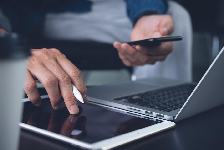 Laptop, tablet and phone