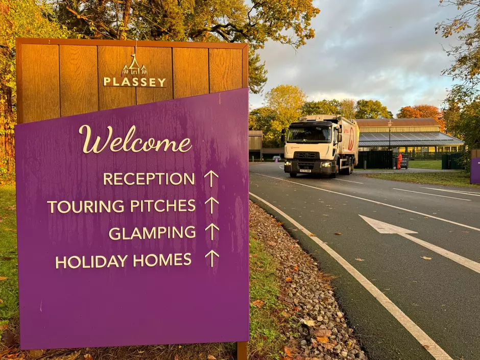 Plassey holiday park welcome sign and veolia lorry
