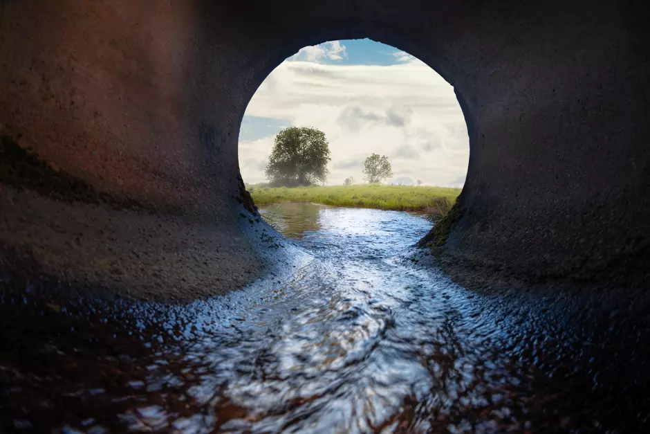 A photo taken from within a water pipe, looking towards a field with a tree.
