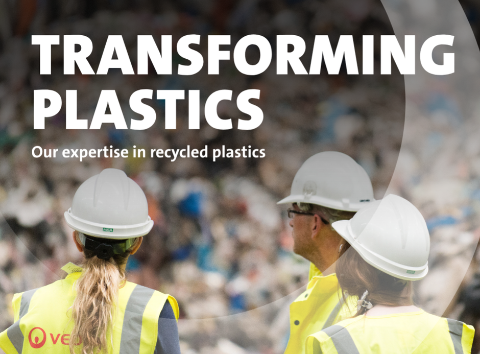 This brochure cover features an image of three Veolia operatives looking away from the camera at a bale of plastics with text overlaid saying 'Transforming Plastics: Our Expertise in Recycled Plastics