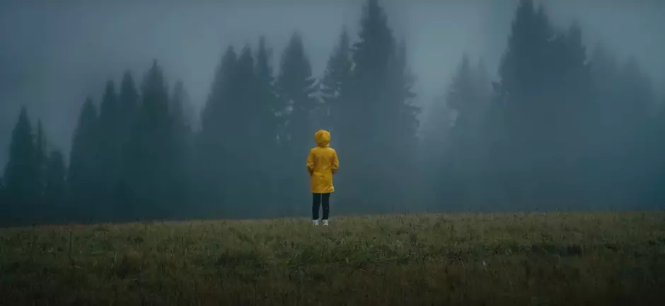 A person in a yellow jacket in a field