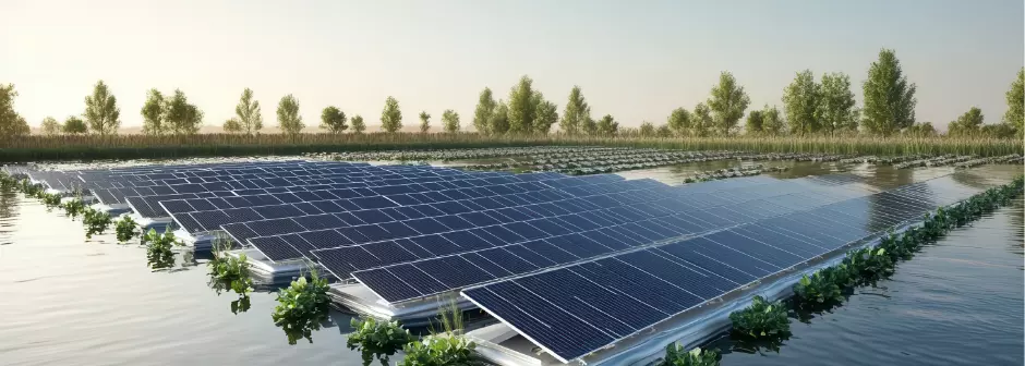 Rows of solar panels float above a body of water with green plants all around.