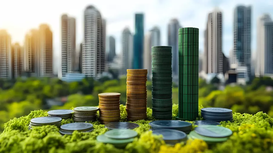 An AI generate image of stacks of coins made to reflect the cityscape in the background.