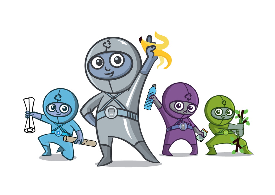 Image of the Telford and Wrekin recycling squad. Four characters colour coordinated to the local bin colours (blue, silver, purple and green) each holding a relevant item of recycling.