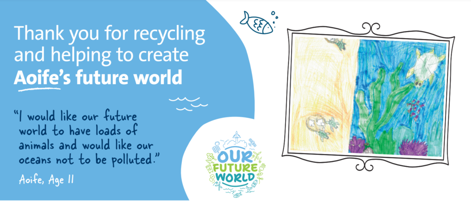 Our Future World banner showing a childrens drawing of the ocean and a message of how we can protect the environment