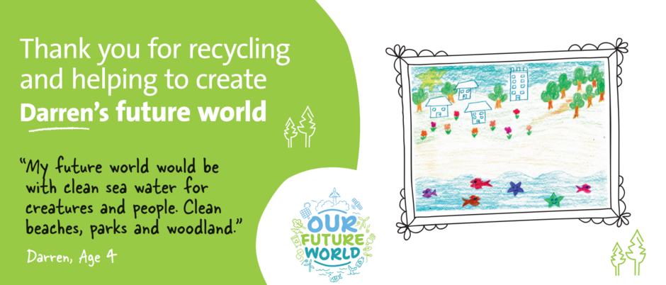 Our Future World banner showing a childrens drawing of the ocean and woodland and a message of how we can protect the environment