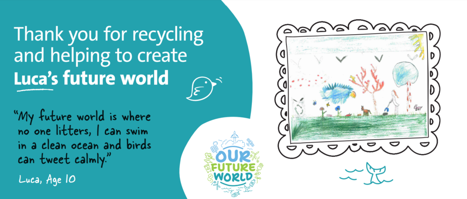 Our Future World banner showing a childrens drawing of a park with litter picking and a message of how we can protect the environment