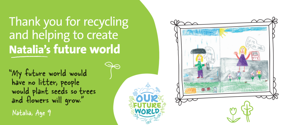 Our Future World banner showing a childrens drawing of a park with a girl in and a message of how we can protect the environment