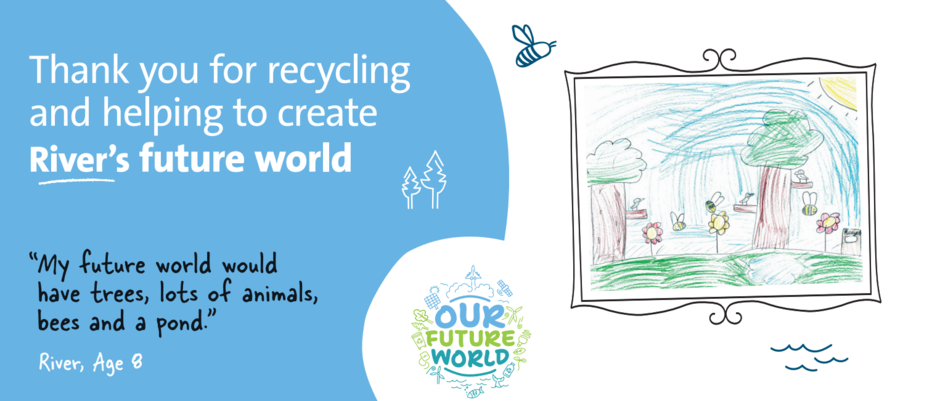Our Future World banner showing a childrens drawing of a green area with trees and a message of how we can protect the environment